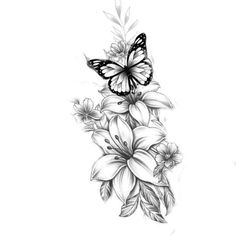 a black and white drawing of flowers with a butterfly on top