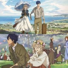 two anime characters, one with an umbrella and the other with flowers in her hair