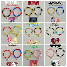 many different bracelets with cartoon characters on them and some are made out of plastic beads