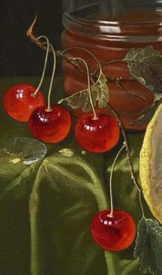 a painting of cherries on a table next to a jar