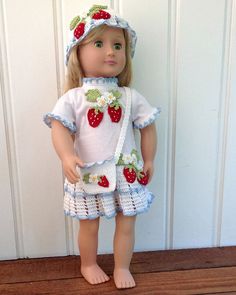 18 Doll Strawberry Tee Shirt Dress, Hat & Purse Crochet Pattern - Maggie's Crochet Purse Crochet Pattern, Strawberry T Shirt, Crochet Frock, Strawberry Stuff, Purse Crochet, Shirt Dress Pattern, Crochet Idea, Cotton Doll, Rehabilitation Center