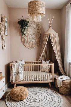 a baby's room with a crib, bed and rugs on the floor