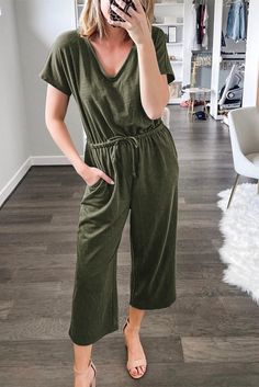 Green V Neck Short Sleeve Jumpsuit Casual V-neck Stretch Jumpsuits And Rompers, Casual V-neck Jumpsuit With Relaxed Fit, Casual V-neck Jumpsuits And Rompers In Solid Color, Casual Non-stretch V-neck Jumpsuits And Rompers, Solid Color V-neck Jumpsuit For Loungewear, Casual Green Solid Color Jumpsuits And Rompers, Spring Solid Color Loungewear Jumpsuits And Rompers, Khaki Jumpsuits And Rompers For Summer Loungewear, Green V-neck Casual Jumpsuits And Rompers