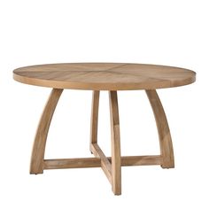 a round wooden table with two crossed legs