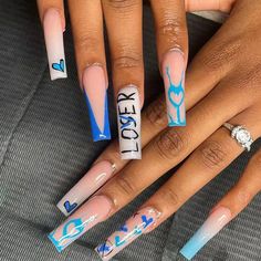 Long Press On Nails, Long Acrylic Nail Designs, Blue Acrylic Nails, Colored Acrylic Nails, Dope Nail Designs, Fake Nails With Glue, Long Acrylic Nails Coffin