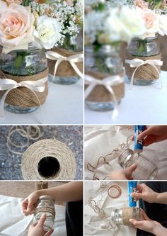 the process of making mason jars with twine and flowers is shown in four different pictures