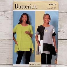 two women standing next to each other in front of a white wall with the words butterick written on it