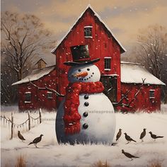 a painting of a snowman in front of a red barn with birds around it