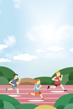 three people running on a race track with trees in the background and blue sky above