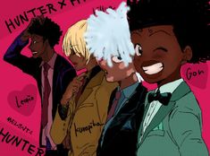 two black women with white hair are standing in front of a pink background that says hunter x hunter