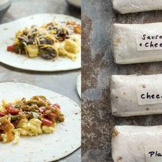 there are three burritos on the table and one is filled with different types of food