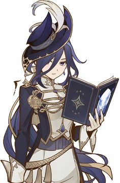 an anime character with blue hair holding a book