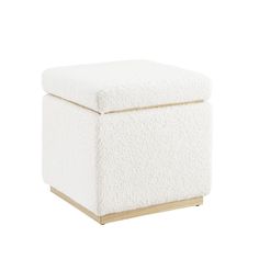 a white ottoman with wooden legs and a square foot stool in the middle, on a white background