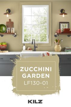 a kitchen with an open window, sink and cabinets in the background that says zucchini garden lf130 - 01