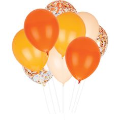 orange and white balloons with confetti sprinkles are arranged in a cluster