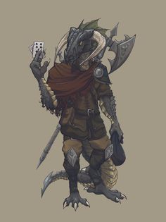 a creature with horns and a scarf holding a dice in its hand while standing on one leg