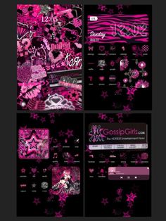 pink and black desktop wallpapers with hearts, stars, and flowers on them