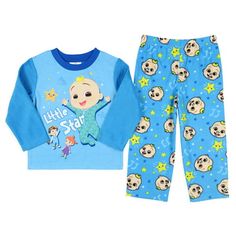 Inspired by the educational series are these CoComelon pajamas. CoComelon is a preschool educational show centered around a young boy named JJ. He and his pals go on educational adventures, learning and growing along the way. The shirt features JJ and his two friends TomTom and YoYo, with the words 'Little Star.' The pants feature an all-over print of JJ's face and stars. The pants have an elastic waistband for the perfect fit on your little one, and the whole set has a soft fleecy feel from a 1 Shirt Pant Set, Fleece Pajamas, Kids Clothes Boys, Blue Bedding, Cute Sets, Pajama Bottoms, Boys Long Sleeve, Pajama Shirt, Baby & Toddler Clothing