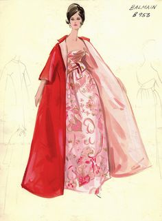 a drawing of a woman in a pink dress and red cape