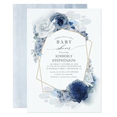 a blue and white floral birthday party card