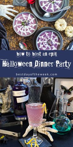 halloween dinner party with drinks and decorations