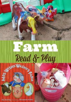 the farm read and play book is shown with toy horses in front of an open plastic bucket