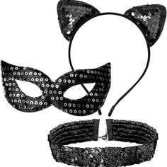 a pair of black sequin cat ears and headbands on a white background