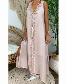 Women Solid V Neck Sling Sleeveless Lace Maxi Dress Beige V-neck Sleeveless Dress For Vacation, Chic Pink Sleeveless Beach Dress, Pink V-neck Sleeveless Dress For Beach Season, Casual Sleeveless Maxi Dress For Beach, Beige Sleeveless Sundress For Beach Season, Casual Sleeveless Dress For Spring Beach Cover-up, Sleeveless Spaghetti Strap Dress For Beach Cover-up In Spring, Beige Sleeveless Maxi Dress For Summer, Pink Sleeveless Maxi Dress Beach Cover-up