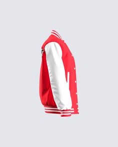 You will never be runner-up in this red varsity logo jacket 🙌 Made from a structured woolen body fabric + faux leather sleeves, this look is complete with stripe ribbed cuffs and collar, chenille finesse patch, snap front closures, and welt pockets ❤️ Red Baseball Collar Outerwear For Sports Events, Red Sports Event Outerwear With Baseball Collar, Red Varsity Jacket With Baseball Collar For Sports Events, Varsity Jacket With Contrast Collar For Streetwear, Varsity Jacket With Baseball Collar For Campus, Red Varsity Jacket With Ribbed Cuffs For Fall, Red Sports Outerwear, Collegiate Red Outerwear For Sports Season, Red Collegiate Outerwear For Sports Season