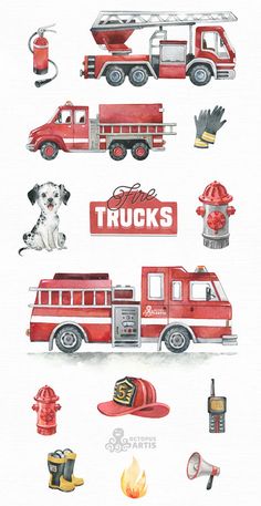 watercolor painting of firetrucks and fire hydrants on white paper with red lettering