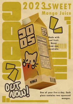 a carton of mango juice with an image of a cat on it