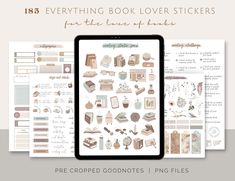 the book lover's planner stickers are shown on an ipad and in front of it