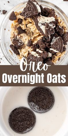 oreo overnight oats in a glass bowl with milk and oreos on the side