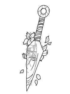 a black and white drawing of a surfboard with leaves on the bottom, and a life preserver attached to it