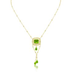 18kt Yellow Gold Diamond Pendant with Emerald Cut Peridot: 8.00cts of emerald cut peridot 1.30cts of round diamonds Diamonds by the yard 3 dangling briolettes attached Luxury Formal Peridot Necklace, Luxury Gold Peridot Necklaces, Yellow Diamond Necklace, Diamonds By The Yard, White Diamond Necklace, Yellow Diamond Rings, Diamond Jewelry Necklace, Bridal Engagement Rings, Engagement Rings Round