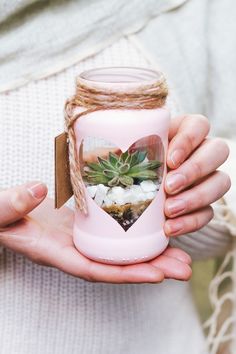 a person holding a pink candle with a heart on it and a succulent plant inside