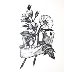 a drawing of a skull with flowers in it