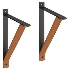 two black metal brackets with brown leather straps