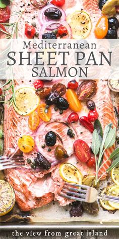 the mediterranean sheet pan salmon cookbook is shown with fresh vegetables and fish on it