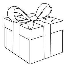 a black and white drawing of a gift box with a ribbon on it's top