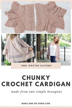 the chunky crochet cardigan pattern is shown in pink