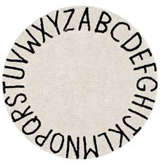 a white rug with black letters on it