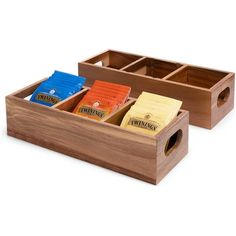 two wooden boxes filled with different types of coffee