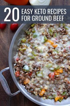 a skillet filled with ground beef and vegetables