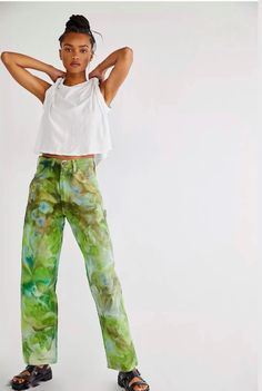 Hand Dyed Painter’s Pants Details Deadstock vintage Stan Ray work pants hand dyed with low impact dyes. Durable cotton twill in a vintage fit; high waisted, slim throughout the hips and straight in the leg with carpenter pockets. Complete with a zip fly + button waist closure. Those wanting a more slouchy fit should size up. All sizes are actual waist measurements. Each piece is individually hand dyed - color and pattern may vary per garment. Please check your measurements before purchasing as t Dye Pants, Rihanna Outfits, Flat Felled Seam, Tie Dye Pants, Hand Painted Clothing, Painters Pants, Tie Dye Jeans, Pants Details, Green Tie