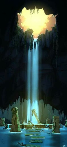 a digital painting of a waterfall in the night