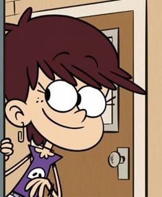 a cartoon girl with glasses holding a purple object in front of her face and looking out the door