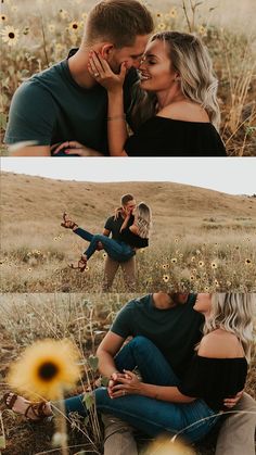 two people sitting on the ground with sunflowers in front of them and one person kissing