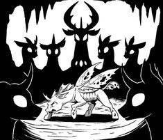 a black and white drawing of some kind of creature with horns on its head, in front of three other creatures