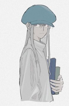 a drawing of a person with long hair and a blue hat holding a cell phone